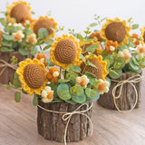 Handmade Crochet Sunflower Flower In Wooden Pot, Knit Plants Home Decor For Desk, Office, Gift (3 Sunflower)