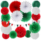 Red Green-White Christmas Party Decorations - 20pcs Mexican Italian Paper Lanterns Fans,Tissue Pom Poms,Honeycomb Balls,Bunting,Birthday Mexico Italy Baby Shower Wedding Decor