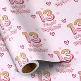 13Th Birthday Wrapping Paper Girls, Hearts And Pink Number 13 Balloons Happy Birthday Design, 13 Years Old, Mini Roll, 17 Inches X 16.4 Feet, Perfect For Girls' Birthday Party Gifts