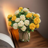 Crochet Red Roses Artificial Flowers Bouquet With Knitted Flower Vase Mothers Day Valentines Gifts Office Desk Decor Yellow
