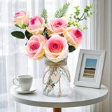 Fake Flowers With Vase, Artificial Velvet Roses Faux Plant Flower Arrangement Suitable For Home Office Living Room Bathroom Decoration, Dining Table Centerpiece (Pink)