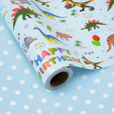 Dinosaur Reversible Wrapping Paper Roll - Boys & Girls Birthday Gift Wrapping Paper - 17 Inch X 33 Feet - Great For Baby Shower, Kids Party - Blue Dinosaur Design With White Polka Dots Back