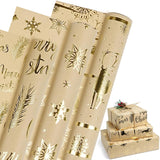 Christmas Wrapping Paper Roll, 3 Rolls Xmas Kraft Wrapping Paper, Brown Gold Foil “Merry Christmas” Leaves Snowflake Reindeer Design Gift Wrapping Paper For Christmas, New Year, Spring Festival, Holiday Party - 17 Inch X 120 Inch Each Roll