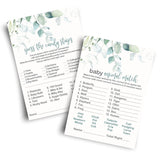 Greenery Baby Shower Animal Matching And Candy Bar Match Games, 25 Each, Double Sided 5X7 Cards, Rustic Eucalyptus And Gold Themed