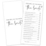 Bridal Shower Game Cards - How Well Do You Know The Bride For 25 Guests, Pre-Printed Double Sided 4X9 White Cards For Bachelorette & Wedding Shower Party