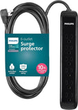 6 Outlet Surge Protector Power Strip 10FT Extension Cord 1080J Flat Plug Wall Mount Black