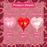 Red Pink Rose Gold Heart Shaped Balloons, 15 Pcs 18 Inch Valentines Day Foil Heart Balloons For Valentine'S Day Wedding Bridal Shower Anniversary Engagement Party Supplies Decorations