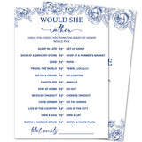 Blue Floral Bridal Shower Game Cards - Would She Rather, Wedding Engagement Bachelorette Party Bridal Shower Games For 30 Guests, Double Sided Cards Set Of 30, Activity Supplies & Favor/B07