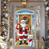 1Pc 2D Flat Santa And Dog Door Banner 71X35 Inch Christmas Front Door Cover With Gifts And Wreath For Holiday Porch Indoor Outdoor Home Decor