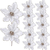 12 Pcs 12 In Large Artificial Christmas Flowers Poinsettias, Glitter Fake Xmas Holiday Magnolia Flowers With Stems, Large Floral Picks For Christmas Tree Wreath, White