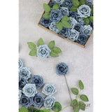 50Pcs Artificial Flower?Real Touch Foam Roses W/Stem Diy For Wedding Bouquet Centerpieces Party Shower Home Decor-Dusty Blue Shades