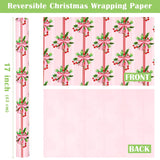 Reversible Christmas Wrapping Paper - Mini Roll - 17 Inch X 33 Feet - Holly And Red Bow Wrapping Paper With Solid Pink Design For Xmas Holiday, Party Celebration