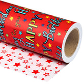 Jumbo Reversible Birthday Wrapping Paper - 30 Inch X 100 Feet Jumbo Roll - Red Happy Bday To You Lettering And Stars Design For Birthday, Baby Shower