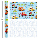 Blue Cars Wrapping Paper Rolls, Reversible Animal Race Car Gift Wrap Paper For Kids And Boys - 17 In X 16.4 Ft(23.3 Sqft) - Perfect For Baby Shower, Birthday, Party
