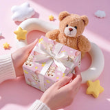 Baby Shower Bear Wrapping Paper Roll For Toddler Girl, Mini Roll, Pink Bear With Clouds Balloons Stars Gift Wrap Paper For Birthday Party, Baby Shower, 17 Inches X 16.4 Feet