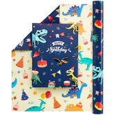Dinosaur Birthday Wrapping Paper - 1 Roll 17” X 33 Ft Dinosaur Gift Wrapping Paper Blue Yellow Reversible Design For Boy Birthday Celebration Party Gift Packing Supply Baby Shower Wrap Paper