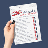 Airplane Baby Shower Games For Boys - 25 Guess Who Mommy Or Daddy Game Cards - Fun Gender Reveal Activities For Guests - Red And Blue Taking Flight Theme, 5X7