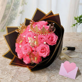 Glitter Roses Bouquet, 24 Pink Artificial Roses With 2 Crowns,Pearls,Card,Paper,Ribbon,3 Butterfly,Wedding Bouquet Of Flowers For Women,Valentine'S Day Diy Present Set