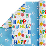 Reversible Birthday Wrapping Paper Roll For Boys Girls Kids Men Women - Colorful Happy Birthday Lettering Balloon And Stars - Gift Wrap For Party Celebration Holiday, 17.7 Inch X 33 Feet