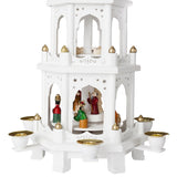 Christmas Pyramid - 18 Inches - White - Wooden Nativity Play - 3 Tier Carousel With 6 Candle Holders - Designed In Germany