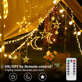 Star Moon Curtain Lights 11.5Ft Remote Control Led Fairy Lights,8 Flashing Modes Waterproof Decorative Lights For Garden