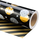 Reversible Birthday Wrapping Paper Roll - Mini Roll - 17 Inch X 10 Feet - Black Gold Balloon Happy Birthday Wrapping Paper Perfect For Adults, Kids, Girls, Boys, Baby Shower