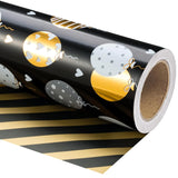 Reversible Birthday Wrapping Paper Roll - Mini Roll - 17 Inch X 10 Feet - Black Gold Balloon Happy Birthday Wrapping Paper Perfect For Adults, Kids, Girls, Boys, Baby Shower