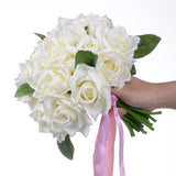Artificial Flowers Rose Bouquet 2 Pack Fake Flowers Silk Plastic Artificial White Roses 18 Heads Bridal Wedding Bouquet For Home Garden Party Wedding Decoration (White)
