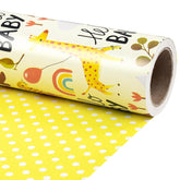 Baby Shower Reversible Wrapping Paper Roll, Mini Roll, Hello Baby Theme With Giraffe, Zebra, Bear, Deer, Rainbow & Yellow Polka Dots Gift Wrap For Birthday, Newborn Gift, 17 Inch X 9.8 Feet