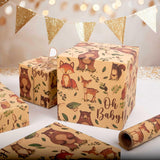 Baby Shower Kraft Wrapping Paper Roll For Kids Boys Girls - Cute Woodland Animals & "Oh Baby" Baby Gift Wrap For Birthday, Holiday, Baby Shower, Summer Party Favor - 17 In X 20 Ft(Total 28.5Sq.Ft)