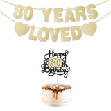 80Th Birthday Decorations For Men Women, Gold Glitter 80Th Birthday Banner With Cake Topper 80 Years Loved Banner 80 B-Day Party Decorations