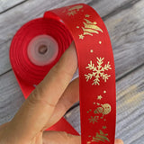 25Y Christmas Ribbon Satin, 1 Inch Wide Printed Ribbons With Golden Christmas Tree Snowman Snowflakes, Merry Christmas Ribbon For Kids Gift Packaging Wrapping Craft Decoration (Red)