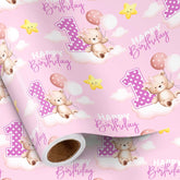 1St Birthday Wrapping Paper Roll For Toddler Girl, Mini Roll, Pink Bear Balloons And Number 1 Gift Wrap Paper For First Birthday Party, Baby Shower Celebration, 17 Inches X 16.4 Feet