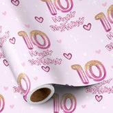 10Th Birthday Wrapping Paper Girls, Hearts And Pink Number 10 Balloons Happy Birthday Design, 10 Years Old, Mini Roll, 17 Inches X 16.4 Feet, Perfect For Girls' Birthday Party Gifts