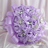 7.5" Light Purple Bridal Wedding Bouquet Throw Toss Artificial Rose Flower Bunch With Bling Brooch For Bride Bridesmaid Wedding Quinceanera
