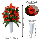 Artificial Cemetery Flowers, Grave Decorations Roses, Memorial Flowers Bouquet With Cemetery Vase, 2 Sets (Red)