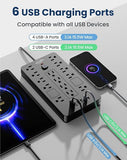 Surge Protector Power Strip 14 Outlets 6 USB Ports 6FT Flat Plug Extension Cord 1850J Black