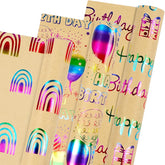 Birthday Wrapping Paper Roll, 3 Rolls Colorful Metallic Gold Foil Gift Wrapping Paper, Happy Birthday Rainbow Balloon Kraft Gift Wrapping Paper For Birthday Party Baby Shower, 17×118 Inch Per Roll