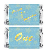 1St Birthday Miniature Candy Bar Wrapper, One Blue Mini Chocolate Bar Stickers For Birthday Party, Table Top Event Decorations, Candy Not Included. Made In Usa