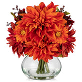 Faux Fall Flowers In Vase, Artificial Dahlia & Mum Silk Floral Arrangement With Clear Glass Vase Fake Autumn Flowers Bouquet For Home Office Dining Room Table Centerpiece Decoration