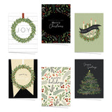 Farmhouse Style Holiday Card Pack / 24 Modern Magnolia Wreath Christmas Note Cards With White Envelopes / 6 Illustrated Holiday Designs / 4 5/8" X 6 1/4" Seasonal Greeting Cards