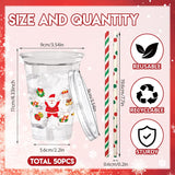 50 Sets Christmas Plastic Party Cups With Straws And Lids,12Oz Disposable Holiday Clear Cups Santa Tree Stocking Printed For Xmas Party, Celebrations, School, Office, Family Gatherings