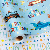 Blue Race Car Wrapping Paper Boys, Birthday Wrapping Paper Rolls With Colorful Happy Birthday Text Design For Kids Baby Shower Party - 17 In X 16.4 Ft(23.3 Sqft)