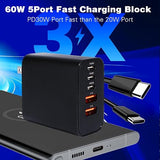 2 Pack 60W 5 Port USB C Fast Charger with 10FT Cable for iPhone 17 16 15 Pro