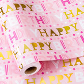 Girl Birthday Wrapping Paper Roll, Pink And Gold Wrapping Paper, Gold Foil Girly Happy Birthday Lettering Design Pink Gift Wrap For Girls Women, Baby Shower, Christmas(17 Inch X 33 Feet)