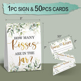 How Many Kisses In The Jar Bridal Shower Game, Wedding Shower Games, Bachelorette Party Night, Eucalyptus Leaf Neutral Party Game Cards, Bridal Party Decorations - 1 Standing Sign And 50 Pcs Cards