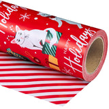 Reversible Cat Christmas Wrapping Paper - Mini Roll - 17 Inch X 33 Feet - Red Christmas Cat Wrapping Paper And Stripes Design For Holiday, Party Celebration