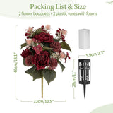 Red Cemetery Flowers For Grave: 2 Pcs Peony Grave Flower Bouquets For Cemetery Decorations - Spring Outdoor Gravesite Flowers With Vase