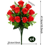 Artificial Rose Flowers Bouquet Realistic Silk Rose Fake Flowers For Wedding Home Centerpieces Party Cemetery Grave Decoration (4 Bouquets, Red)