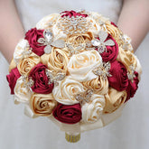 Handmade Floral Satin Rose Butterfly Shape Rhinestone Bridal Bouquet Luxury Golden Rhinestone Artificial Flowers For Wedding